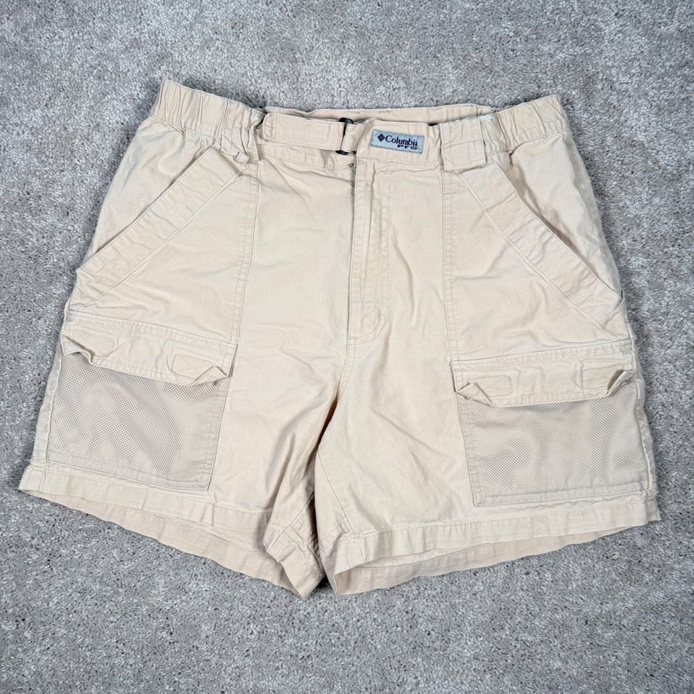 Columbia PFG Men Medium Beige Cargo Fishing Shorts Khaki 6' Inch Inseam Cotton